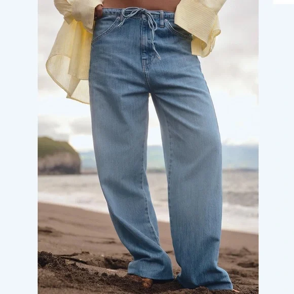 Zara Light Blue Wide-Leg Jeans with Drawstring Waist - Picture 5 of 6